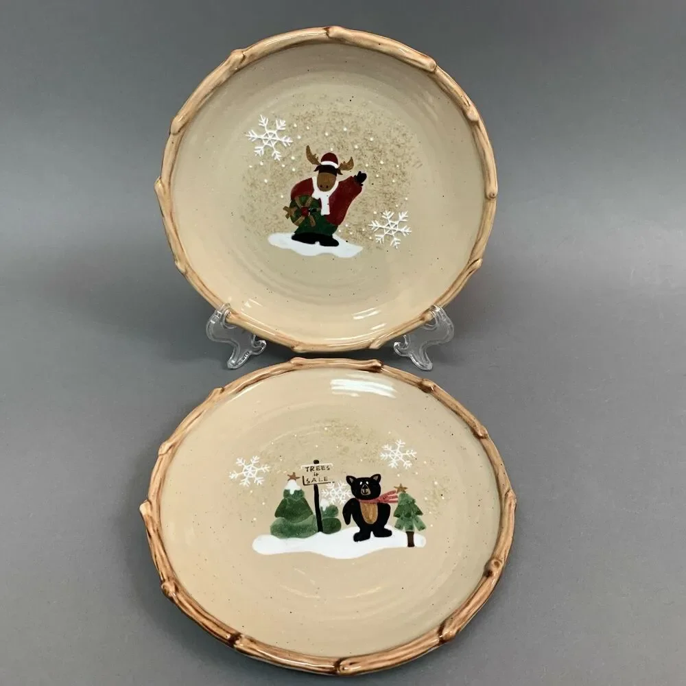 Make the Season Bright Salad Plates Christmas Holiday‎ Bear Moose Lot of 2